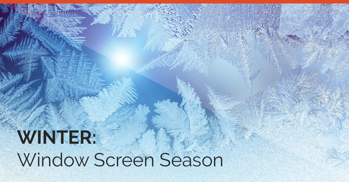 Snowflakes on a blue background with text "winter: window screen season"