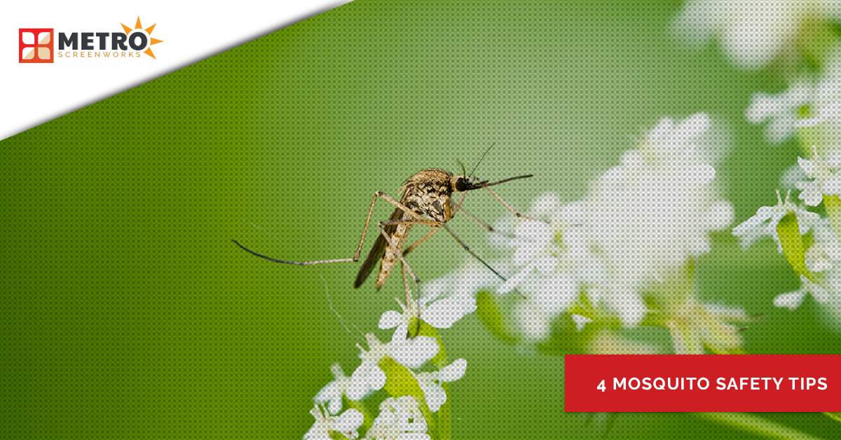 Mosquito sitting on a flower and the text "4 mosquito safety tips"