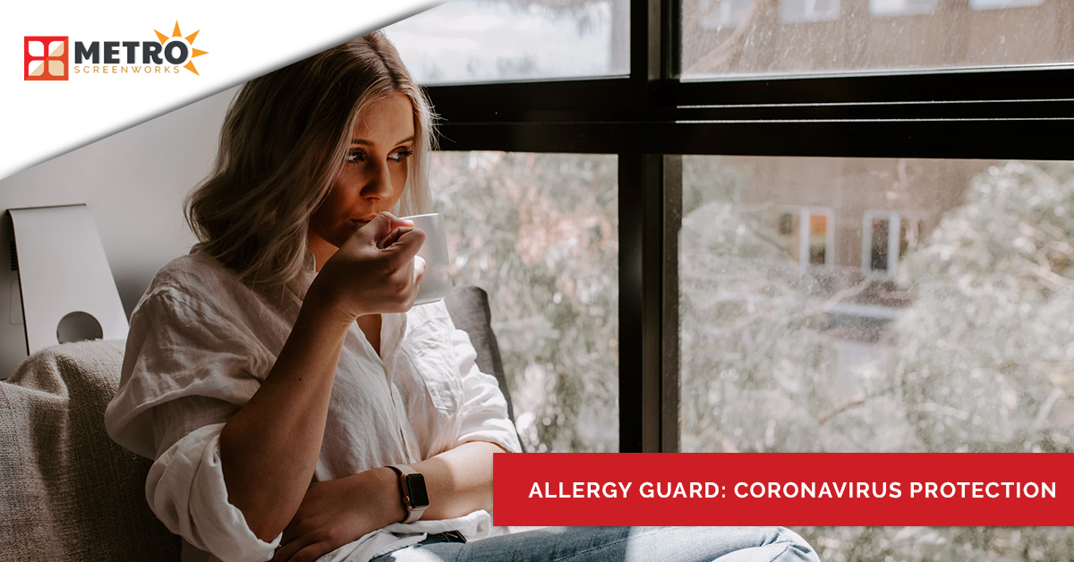Woman drinking tea in front of window with title "Allergy guard: Coronavirus protection"