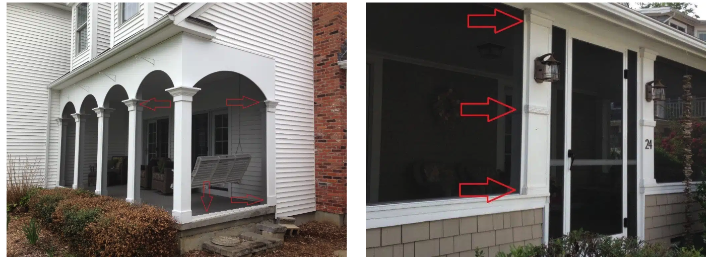 Split Capitals and Bases for Columns Two different depictions of how to screen columns on porches that are split capitals and bases