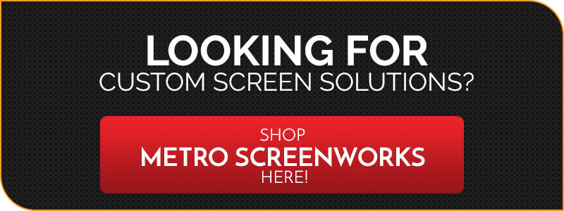Black background with text "looking for custom screen solution? Shop metro Screenworks"