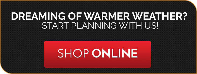 Black background with white text reading "dreaming of warmer weather? Start planning with us!""