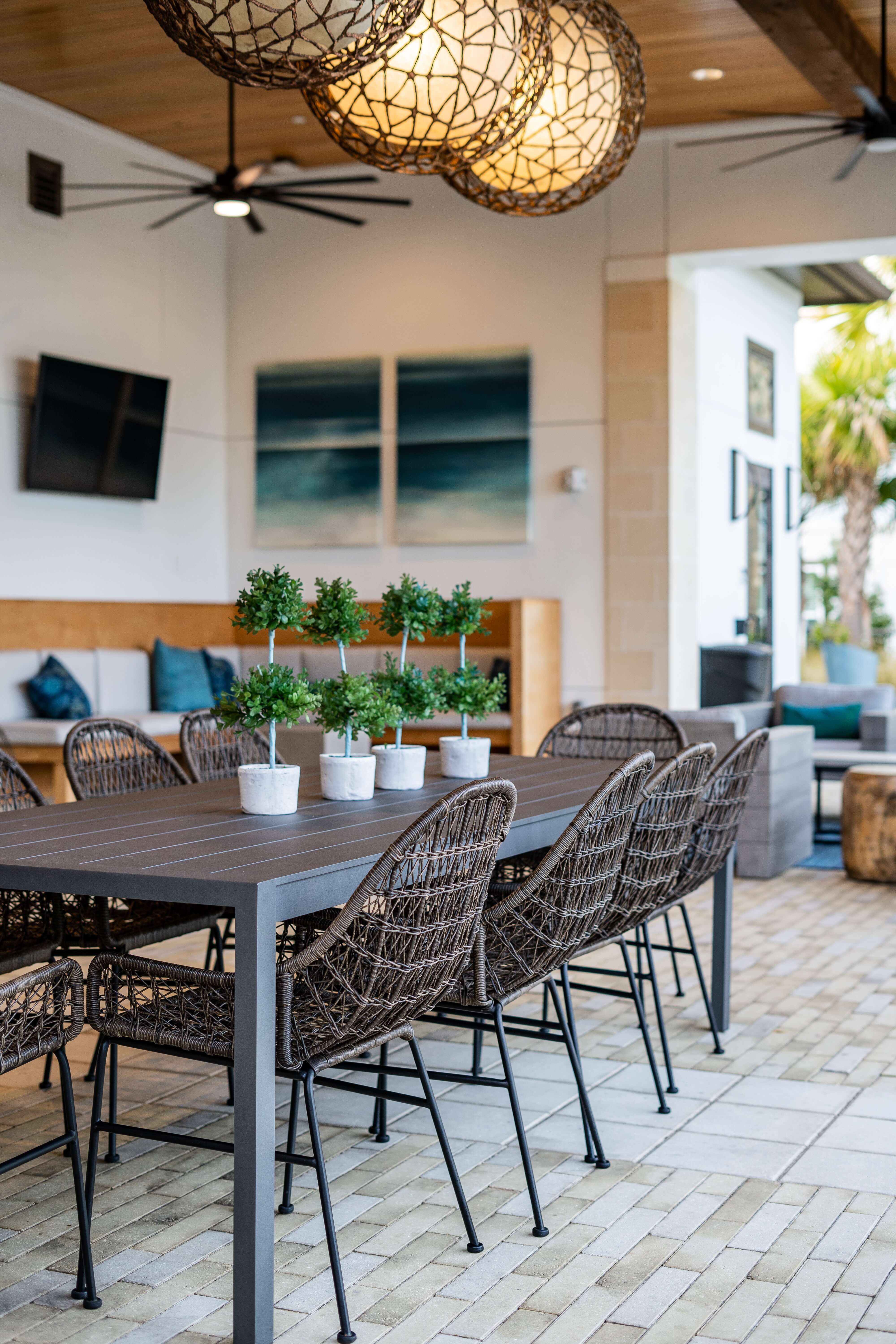 Outdoor dining set in an enclosed patio