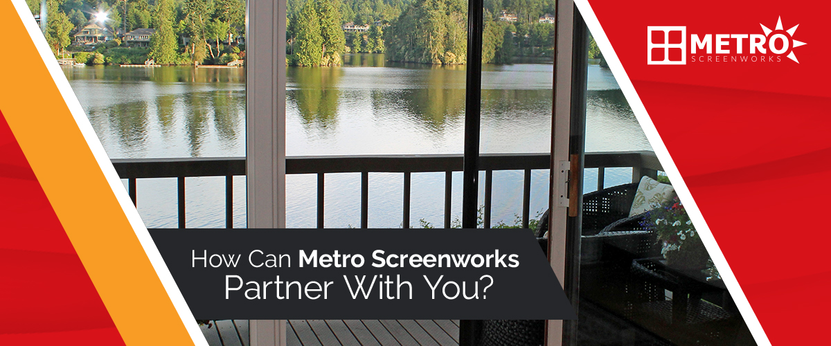 Screened in porch overlooking lake with the text "How can Metro Screenworks Partner with you?" 