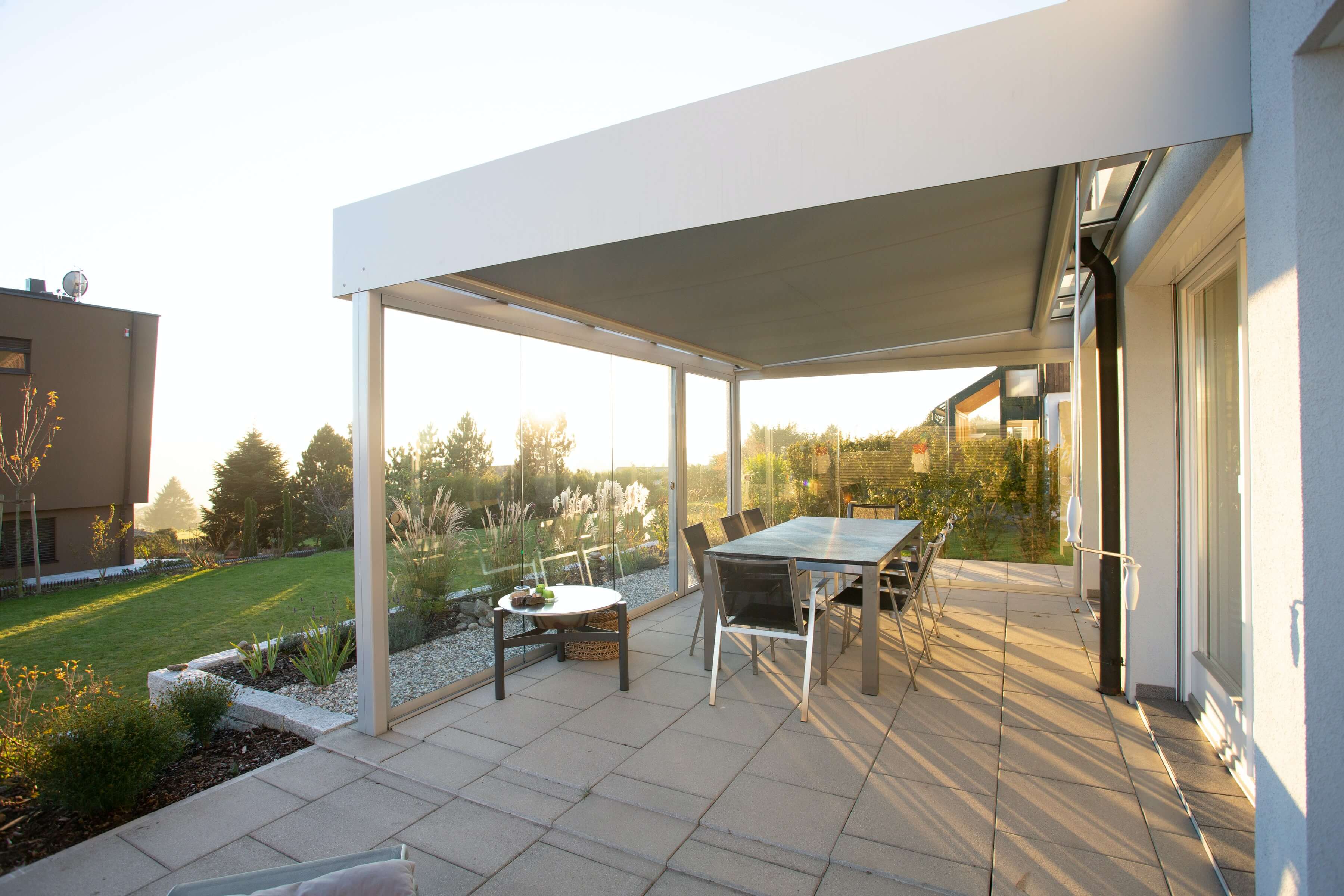 Large outdoor patio with dining area