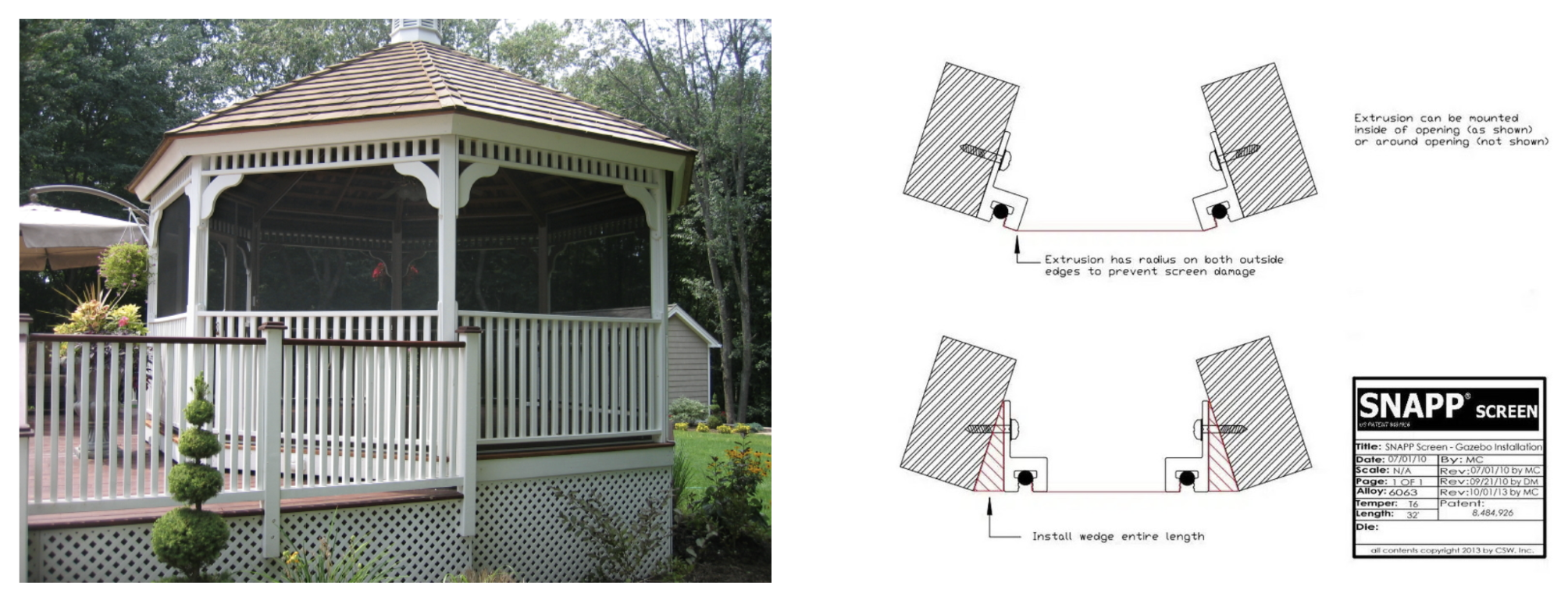 How to Install Snapp Screen on Gazebo Side by side of gazebo and technical drawing of snapp screen track