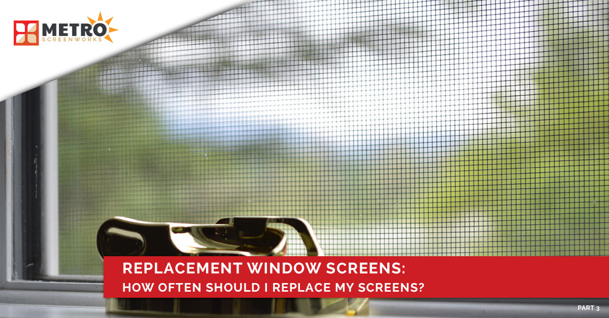 Window screen mesh with text "replacement window screens: how often should I replace my screens?"