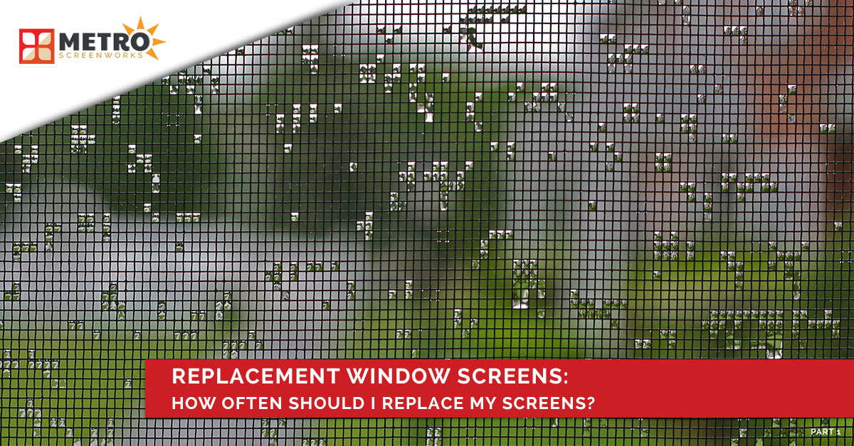 Window screen with water droplets with text "replacement window screens"