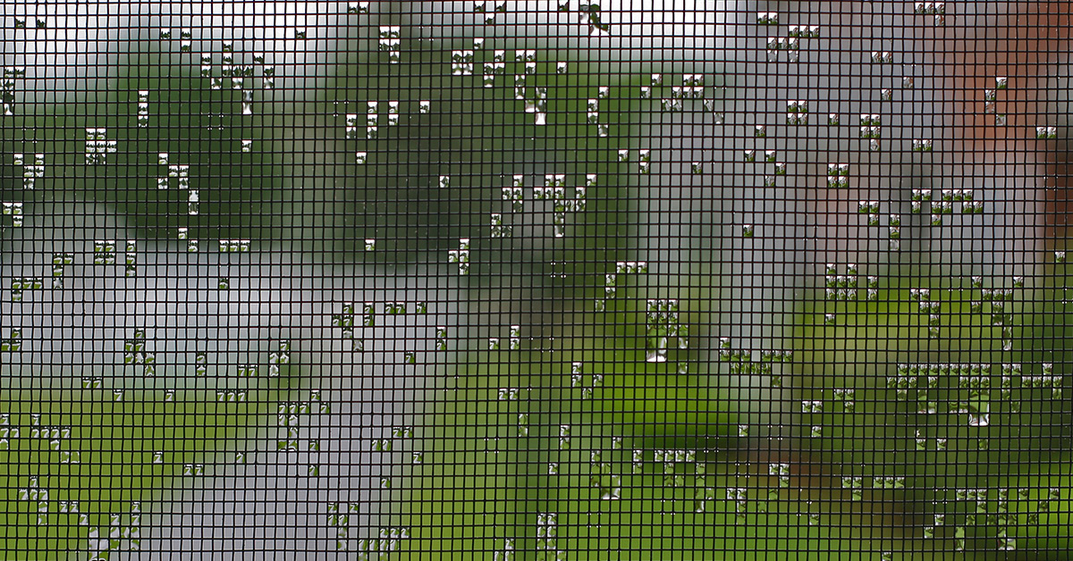 Window screen mesh with water droplets in the mesh