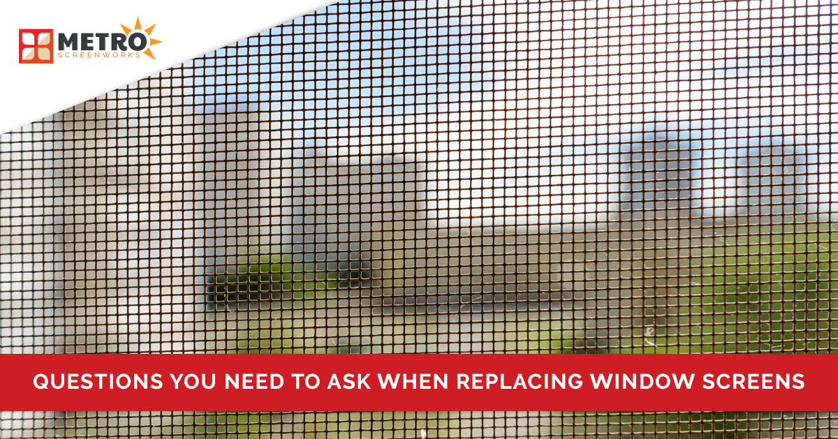 Window screen mesh with text "questions to ask when replacing window screens"