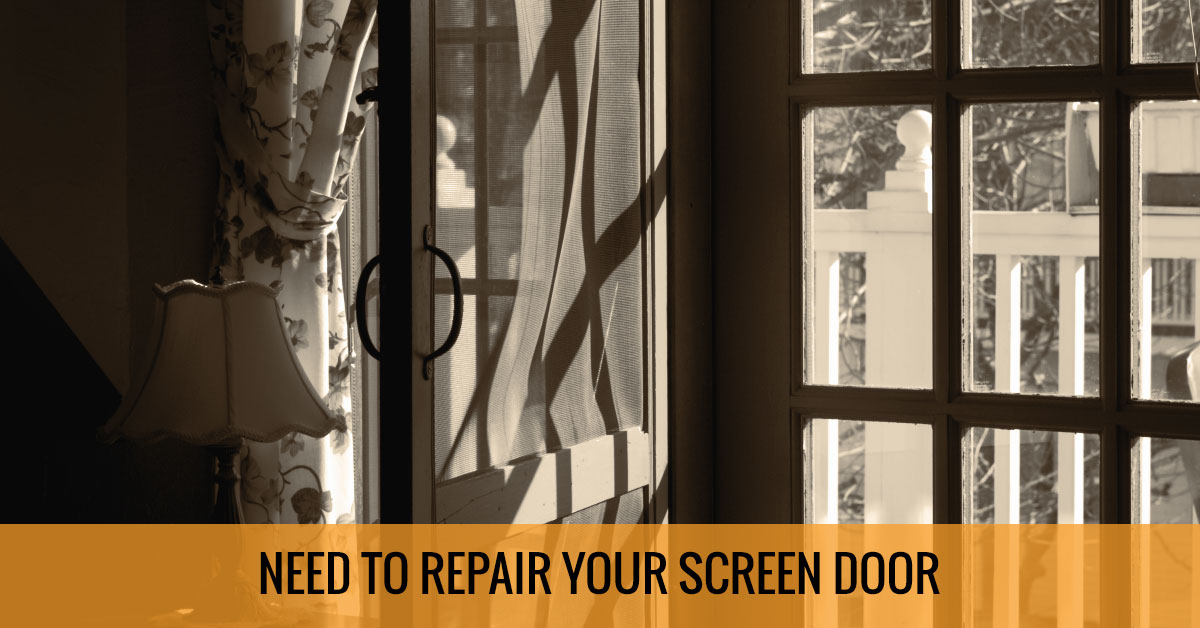 Open window overlooking a porch with the text "need to replace your screen door"
