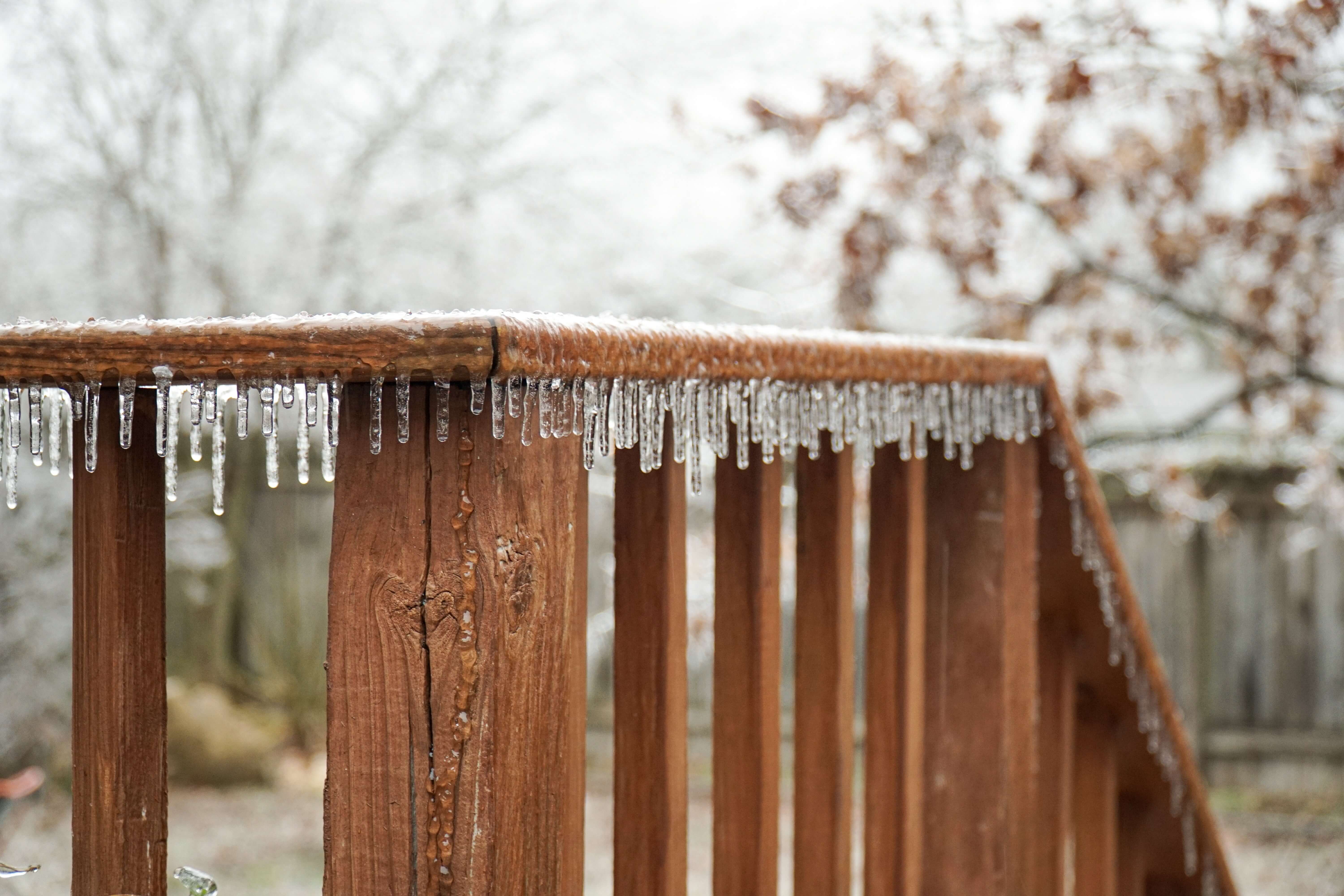 Wood staircase with icicles hanging off
